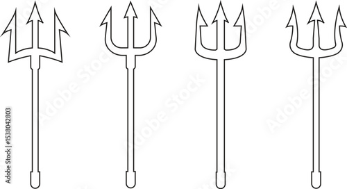 Trident devil or satan line icons set. Pitchfork Poseidon weapon and Neptune spear vectors. Symbol hell and evil isolated on transparent background. Symbolizing strength, mythology and maritime theme.