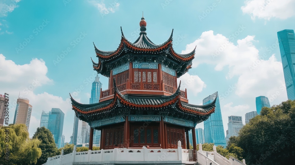Naklejka premium Ancient Chinese Pagoda Amidst Modern Skyscrapers A Stunning Contrast of Cultures