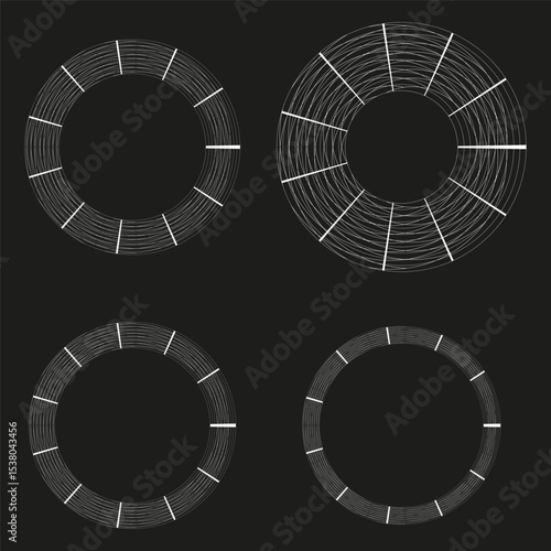 Radial gear pattern. Circular segmented wheel. Dark abstract vector. Mechanical ring shape.