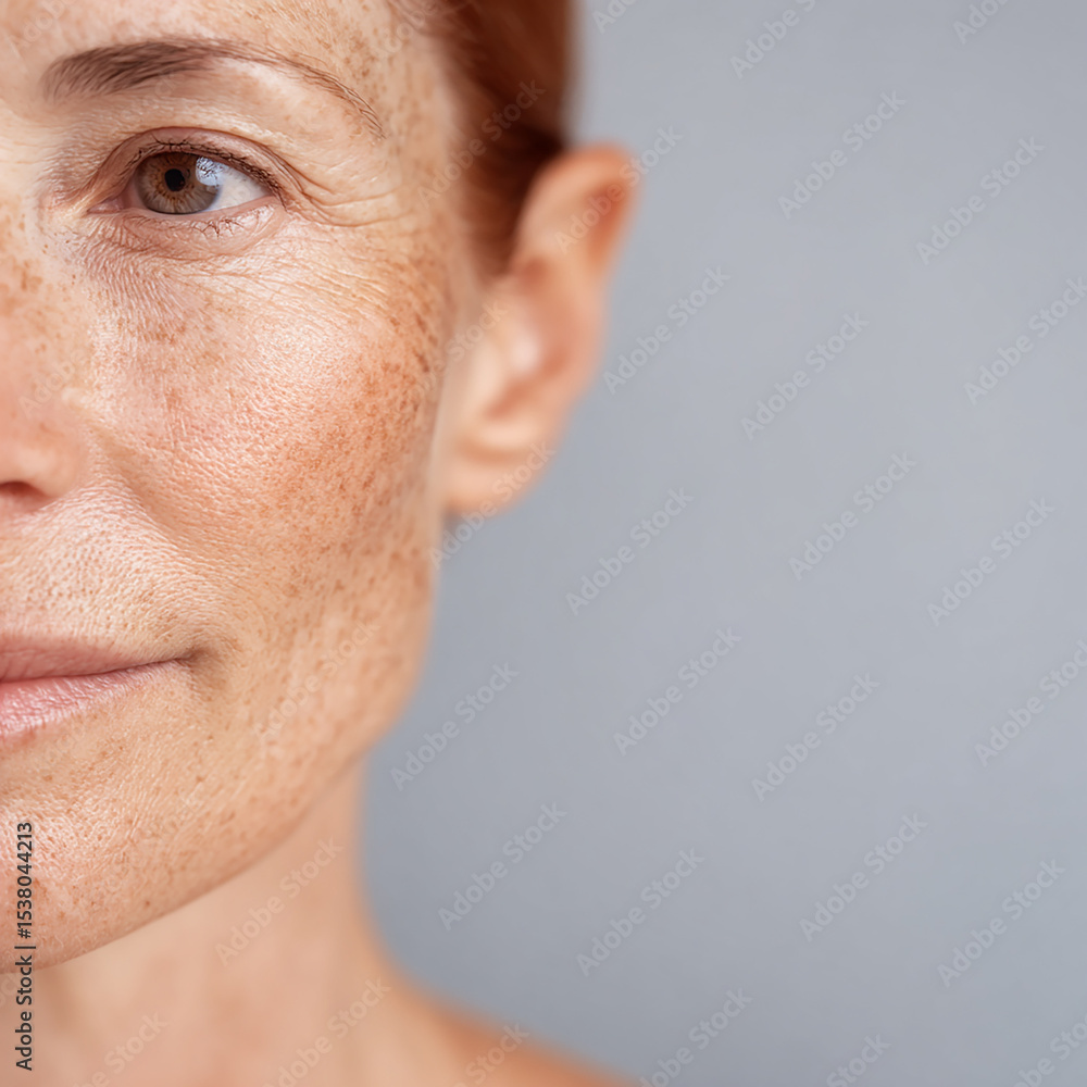 Fototapeta premium Closeup of mature woman showing natural skin texture and wrinkles with healthy glowing complexion in soft light