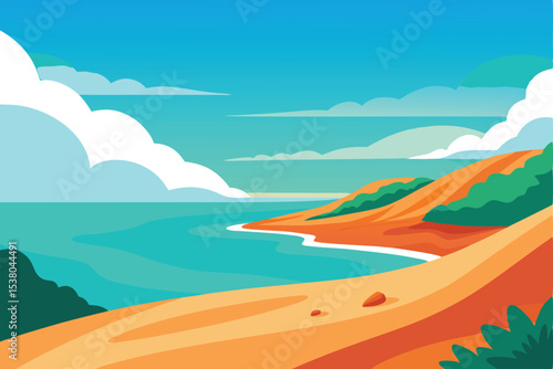 Serene coastal landscape with sandy dunes, turquoise ocean, and fluffy clouds under a bright blue sky.