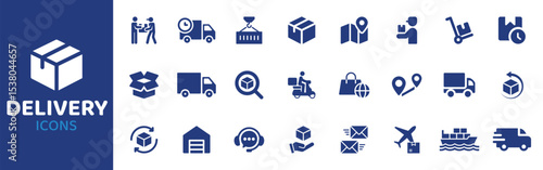 Delivery - Icon Collection. Thin Line Set contains such Icons as Delivery, Package, Box, Parcel, Courier, Truck, Van and more. Simple web icons set.