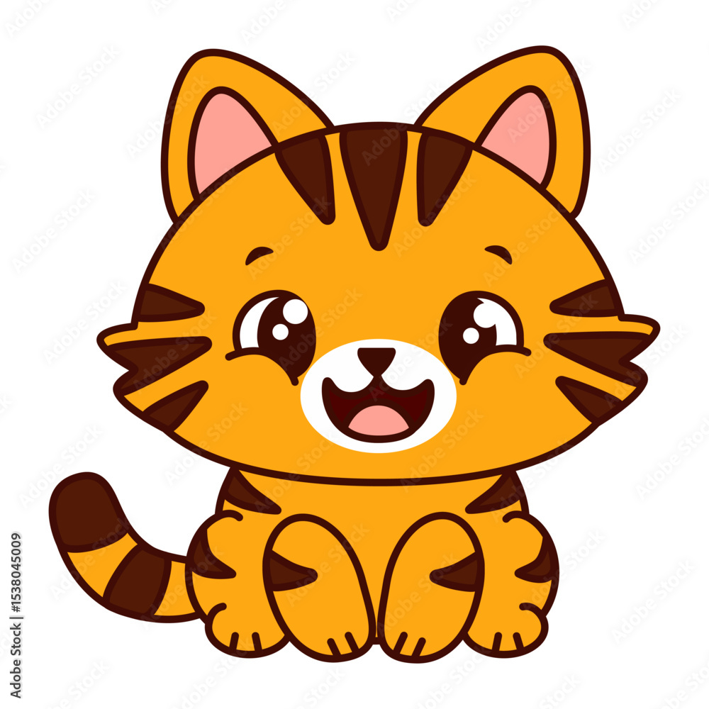 Fototapeta premium Cute cartoonish ginger cat with brown stripes. The cat has big, expressive eyes and a playful expression and sits up straight. Kawaii pet. Vector illustration