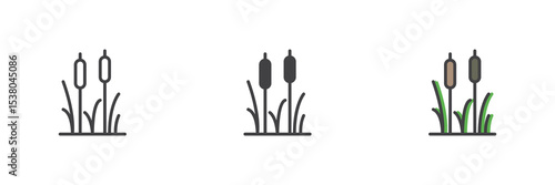Cattail wetland plant icon set in line, solid and filled outline style