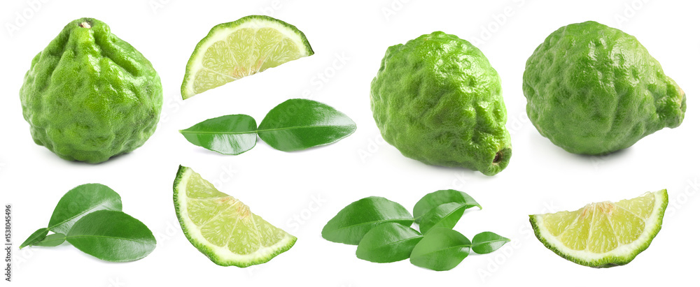Fototapeta premium Fresh ripe bergamot fruits and green leaves on white background, collage