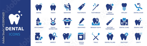 Dental - Icon Collection. Thin Line Set contains such Icons as Tooth, Teeth, Dentist, Brush, Floss, Mouth, Gums and more. Simple web icons set.