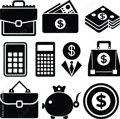 Collection of black and white finance icons representing business and money