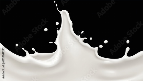 Dynamic milk splash against a black background, showcasing the liquid's texture and movement.