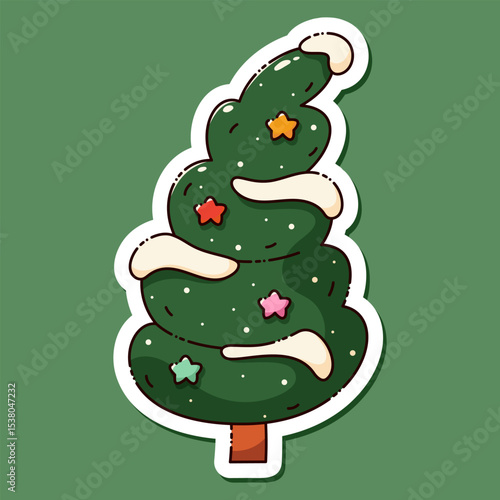 Kawaii Christmas tree sticker with star toys and snowy peaks.