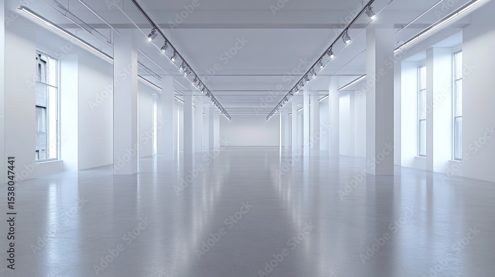 Modern Minimalist White Gallery Interior Design Spacious Empty Room with Track Lighting and Large Windows Modern Minimalist White Gallery Interior Design Spacious Empty Room with Track Lighting and Large Windows