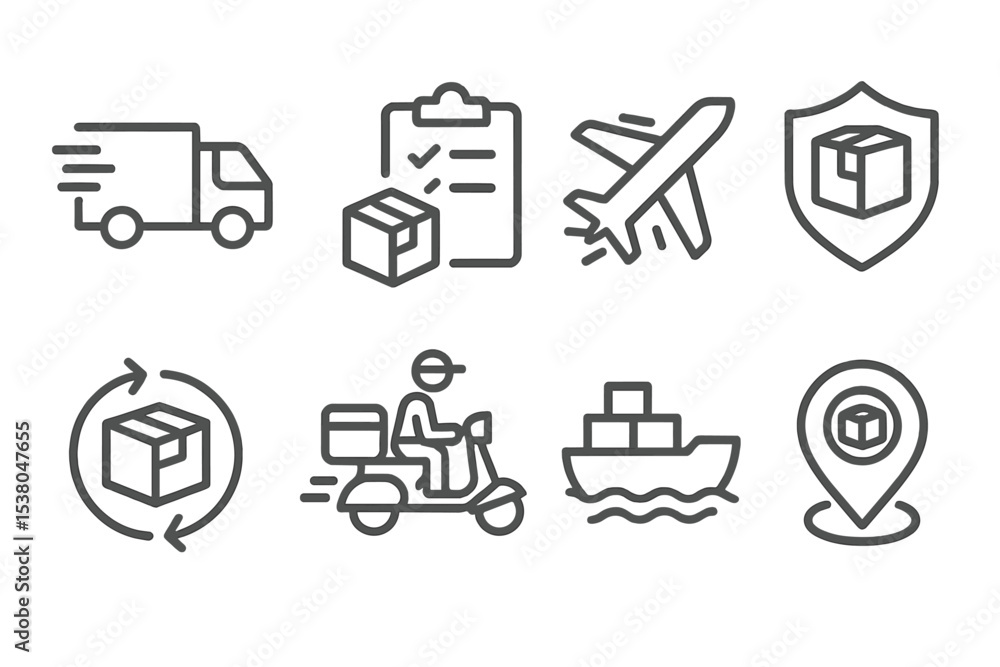 Icons depicting various aspects of logistics and delivery processes, showcasing transport methods, tracking, and security elements Icons depicting various aspects of logistics and delivery processes, showcasing transport methods, tracking, and security elements
