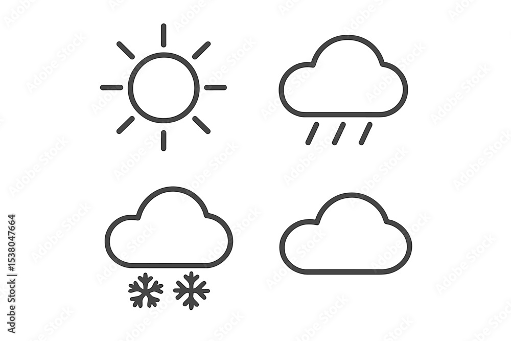 Weather symbols representing sun, rain, snow, and clouds in a minimalistic design Weather symbols representing sun, rain, snow, and clouds in a minimalistic design