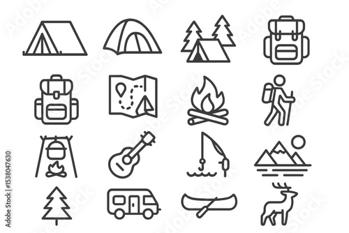 Camping gear and activities illustrated with various outdoor elements and icons for adventure seekers in nature