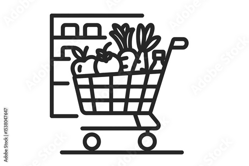 Shopping cart filled with fresh fruits and vegetables in a grocery store aisle during daytime