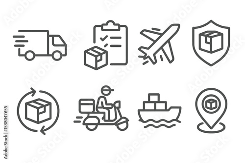 Icons depicting various aspects of logistics and delivery processes, showcasing transport methods, tracking, and security elements
