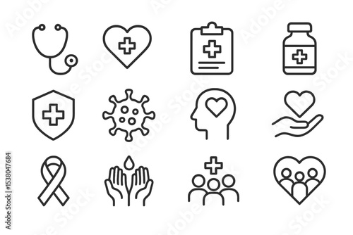 Health care icons representing various aspects of well-being, support, and medical services in a minimalistic style