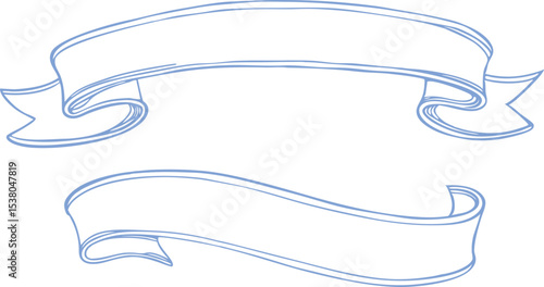 Vintage hand-drawn ribbon banner clipart in elegant blue outline, perfect for text decoration, labels, invitations, and retro graphic design projects with a classic curved scroll look.
