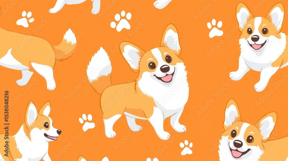 Obraz premium Cute corgi pattern on orange background