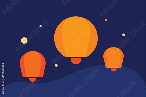Three orange sky lanterns float in the night sky above a wavy landscape, with scattered stars.