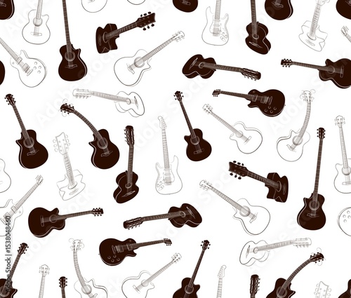 The seamless brown background with different guitars.