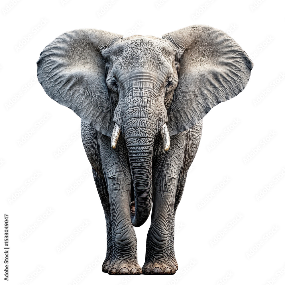 Obraz premium Portrait of an Elephant front view full body standing isolated on transparent background 