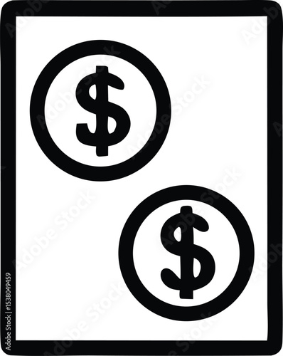 Simple black and white graphic depicting two dollar coins inside a square frame