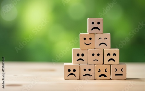 Wooden blocks with sad faces stacked in a pyramid shape on a blurred green background.  Sadness, depression, or negative emotions concept. ideal for mental health or emotional well-being concepts.
