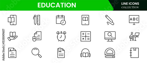 Engaging vector web line icons depicting education, learning tools, books, digital classrooms, and academic growth for knowledge advancement.
