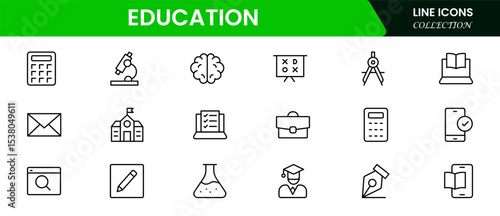 Engaging vector web line icons depicting education, learning tools, books, digital classrooms, and academic growth for knowledge advancement.