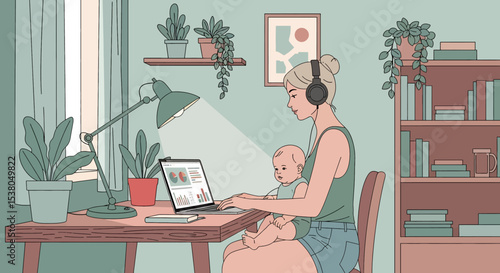 Adobe illustrator artwork vector illustration of a mother working on her laptop at a desk while holding her baby at home, depicting work-life balance and modern family life