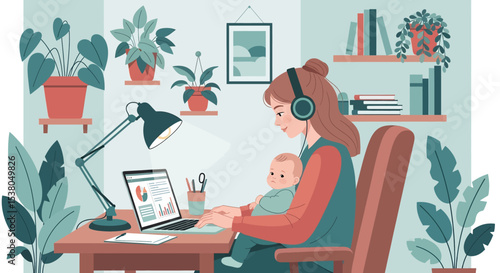 Adobe illustrator artwork vector illustration of a mother working on her laptop at a desk while holding her baby at home, depicting work-life balance and modern family life