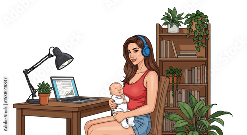 Adobe illustrator artwork vector illustration of a mother working on her laptop at a desk while holding her baby at home, depicting work-life balance and modern family life