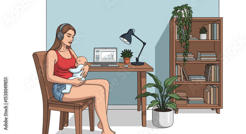 Adobe illustrator artwork vector illustration of a mother working on her laptop at a desk while holding her baby at home, depicting work-life balance and modern family life