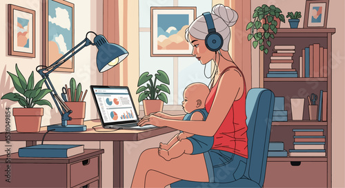 Adobe illustrator artwork vector illustration of a mother working on her laptop at a desk while holding her baby at home, depicting work-life balance and modern family life