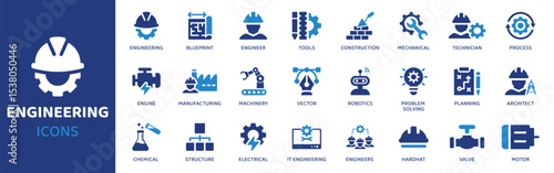 Engineering - Icon Collection. Thin Line Set contains such Icons as Gear, Wrench, Screw, Bolt, Nut, Tool, Draft and more. Simple web icons set.