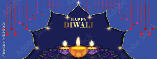 Happy Diwali flyer with Diya and mandala background, can be used in festival invitation, promotion, marketing, greetings, Indian festival of light Diwali poster for your design, easily editable vector