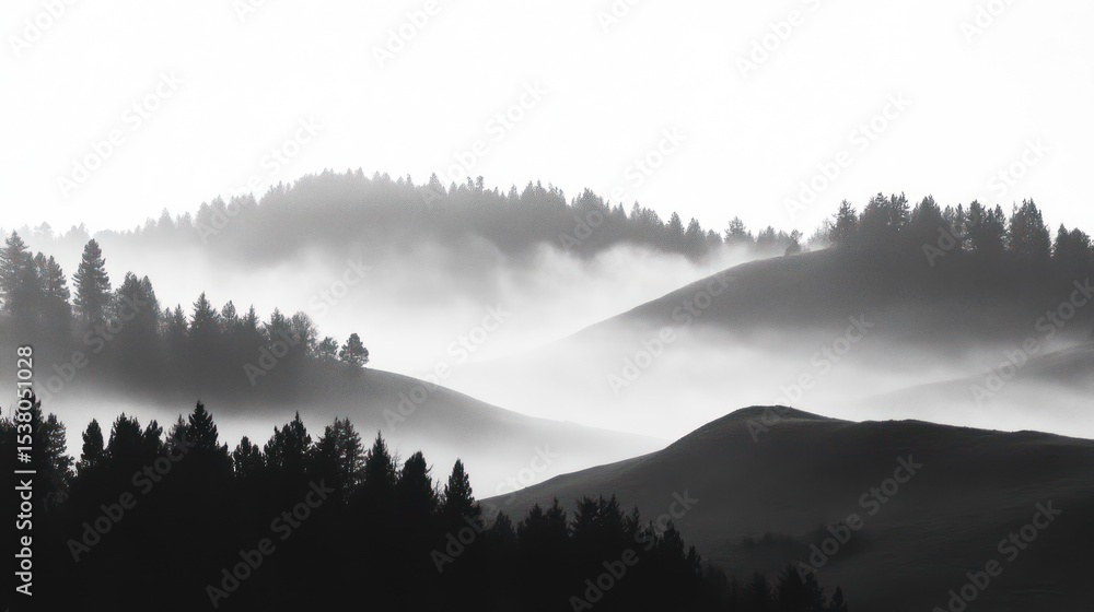 Fototapeta premium Serene Monochrome Landscape Misty Hills and Silhouetted Trees