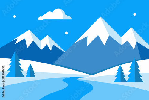 Snowy mountain landscape winter scene illustration