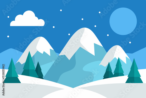 Snowy mountain landscape winter scene illustration