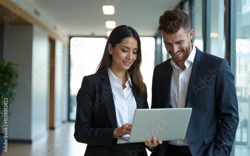 A business woman is watching a laptop content shown to her by young male colleague while standing in company building hallway. Business, people, company. High quality