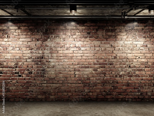 Aged brick wall with spotlights in an empty room.