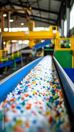 Wallpaper Mural Plastic granules traveling on a conveyor belt inside a factory, showing the process of recycling and reusing plastic for sustainable manufacturing. Torontodigital.ca