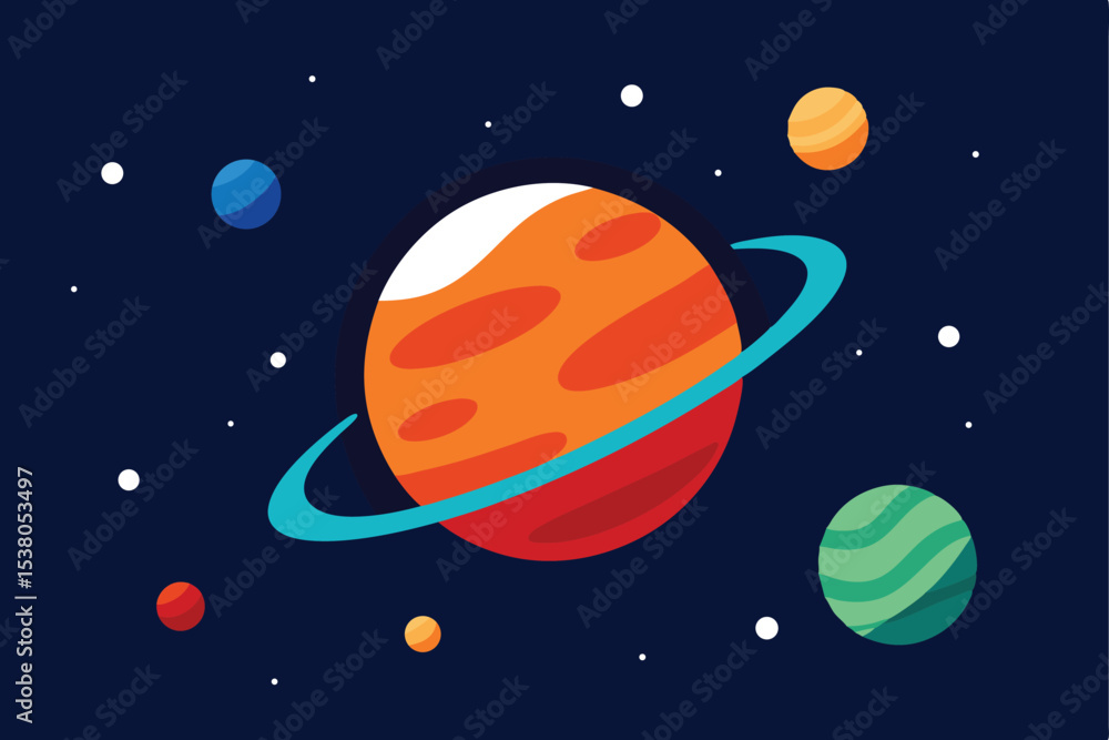 Fototapeta premium Colorful illustration showcasing planets and stars within a dark, starry space.