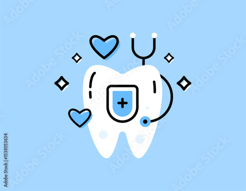 dental health check or hygiene concept. dental protection. dental clinic or dentist. illustration of a tooth symbol with a shield and a stethoscope. flat style design with outline. elements