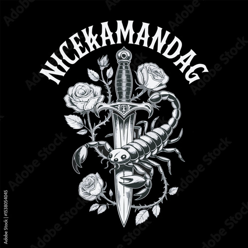Black and White Scorpion Dagger Roses Tattoo Design Nicekamandag