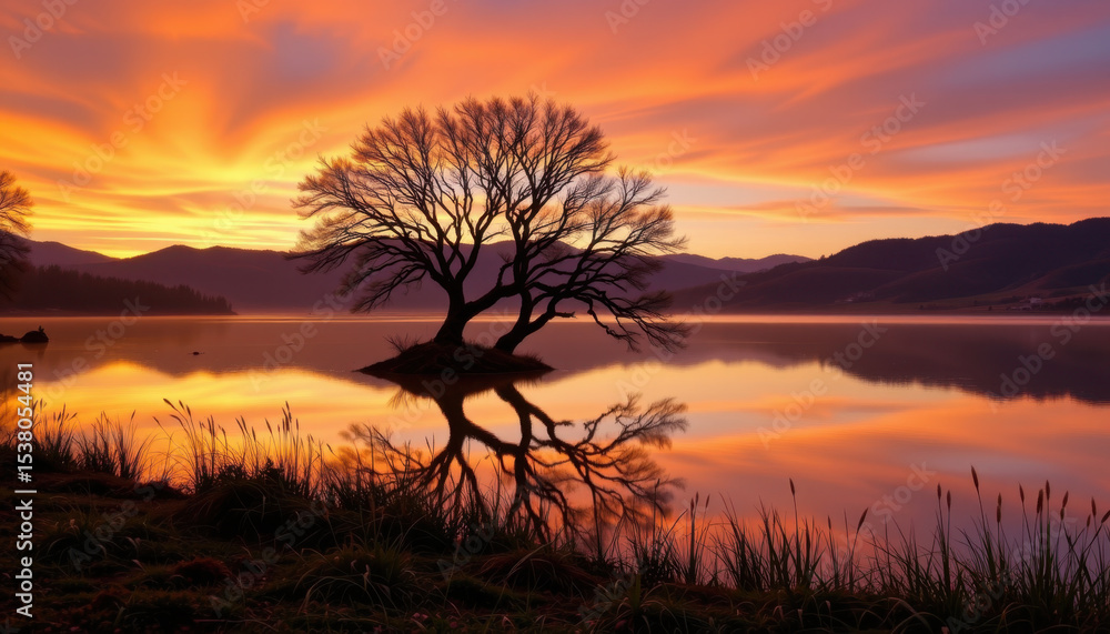 Obraz premium Serene sunset over tranquil lake features lone tree silhouetted against vibrant orange and purple skies, reflecting beautifully on water surface. scene evokes sense of peace and natural beauty