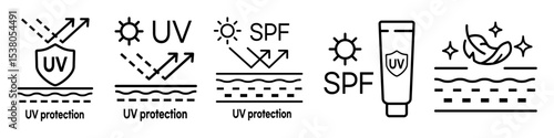 Sun protection factor (SPF) and UV filter, skin protection line vector illustration, 자외선 차단지수(SPF)와 UV 필터,피부보호 라인 벡터 일러스트