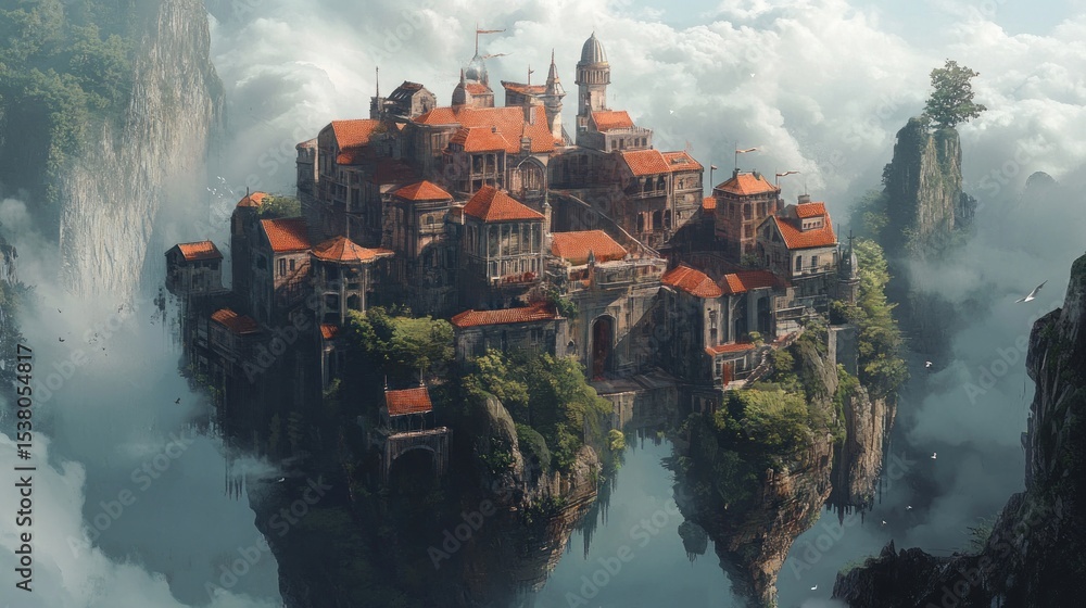 Fototapeta premium Enchanted Floating Island City A Fantasy Landscape Illustration