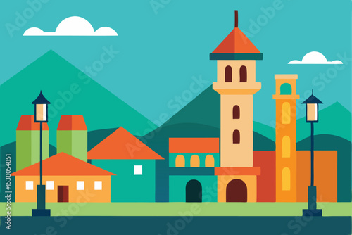 A colorful, flat illustration of a townscape with buildings, towers, mountains, clouds, and streetlights against a blue sky.