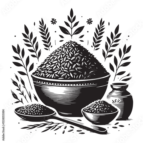 Black Rice Pilaf Silhouette Vector, High Quality Illustration on White Background